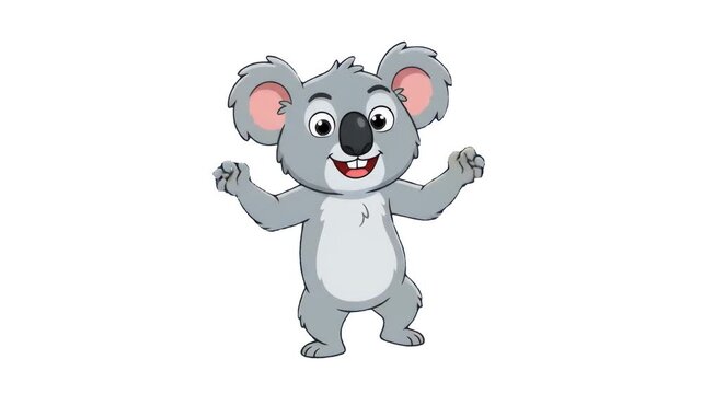 A cheerful gray 2D animated koala bear character dancing happily with its arms raised. The friendly animal mascot is completely isolated on a clean white backdrop.