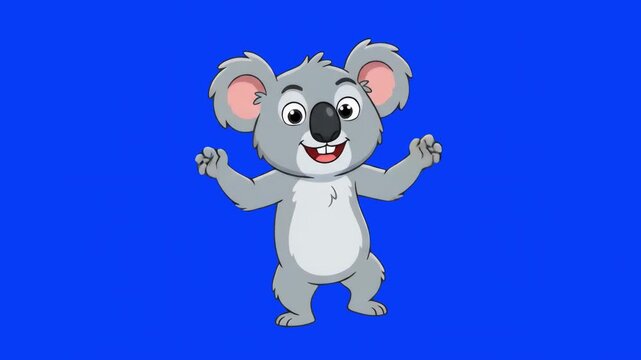 An adorable 2D cartoon koala bear dances with excitement and a wide smile. This cheerful Australian marsupial character is isolated on a vivid blue chroma key background.