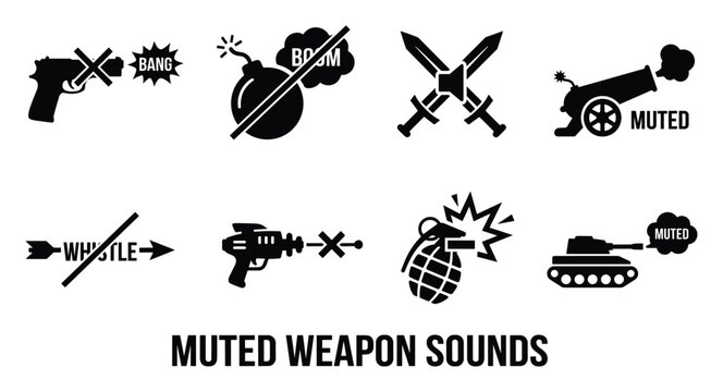 Muted weapon sounds icons set, prohibition symbols for quiet conflict, no gunshot noise signs, silent warfare illustration.