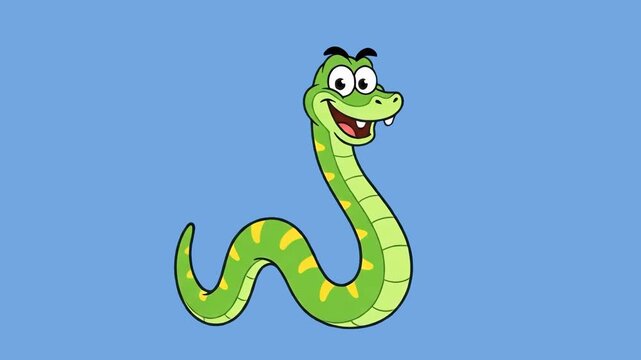 A friendly 2D animated green snake with yellow patterns smiling and dancing happily. The character is set against a solid blue backdrop, ideal for children's educational content or playful motion grap