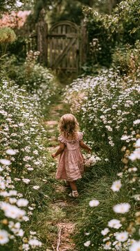 Hot Summer season lifestyle theme. A candid photograph captures a young child walking through a field of white daisies. The child, with curly blonde hair.