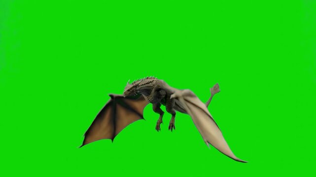 A 3D animated fantasy dragon with outstretched wings captured in mid-flight. The creature is isolated against a solid green chroma key background for fantasy and cinematic VFX integration.