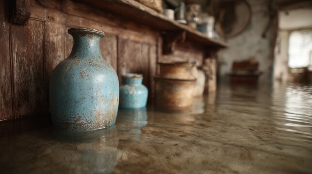 Flood water enters the house along with the broken furniture. Flood water floods the floor in the damaged interior of the house during a severe storm.