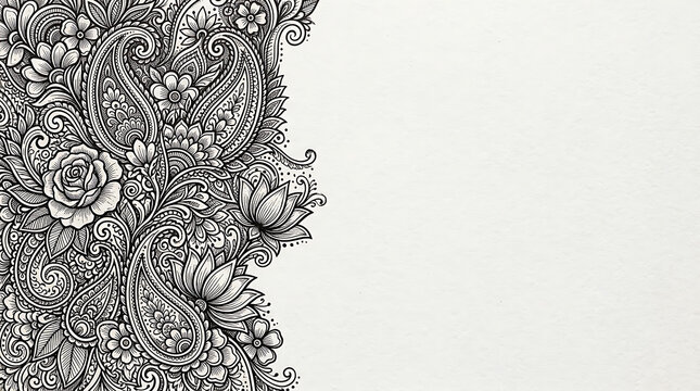 Intricate floral and paisley line art border with copy space