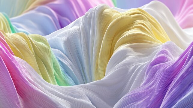 Abstract representation of flowing, pleated textile waves in soft pastel colors
