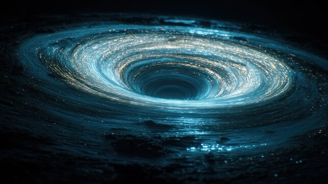 Bright swirling luminous energy forms a vortex plunging into deep darkness