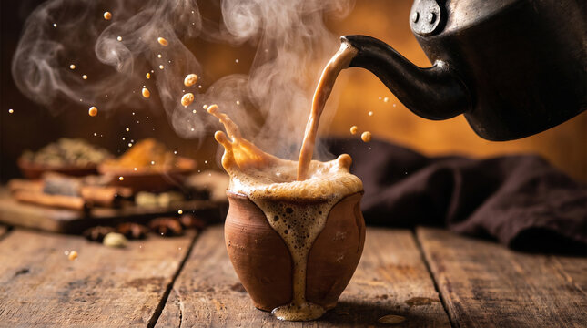 High Speed Pouring Frothy Masala Chai Tea with Flying Droplets