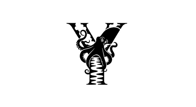 Illustrated Octopus Wrapped Around Letter V Design.