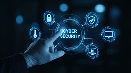 Fototapeta premium Futuristic Holographic Interface: Hand Touching Cyber Security Network Nodes