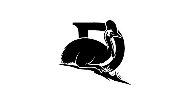 Black and white illustration of a sitting emu bird.
