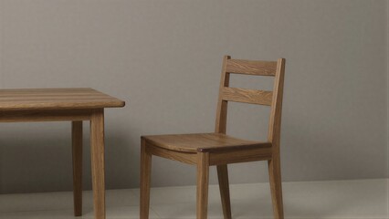 Fototapeta premium Wooden chair beside matching table, minimalist design against neutral backdrop.