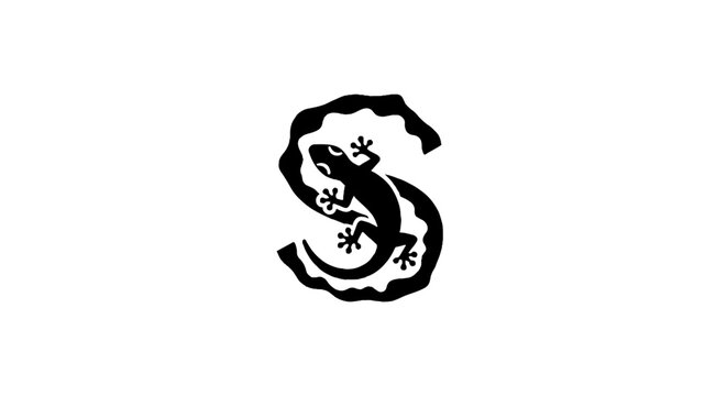 Black and white lizard shaped letter S design.