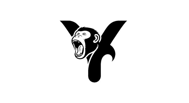 Black and white monkey logo design with open mouth.