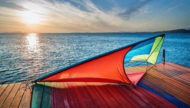 Folded Nylon Spinnaker Sail On Wooden Deck Colorful Textures