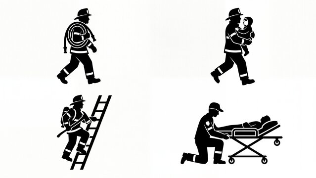 Emergency service worker silhouette icons depicting firefighters and paramedics in various rescue and medical assistance scenarios isolated on white