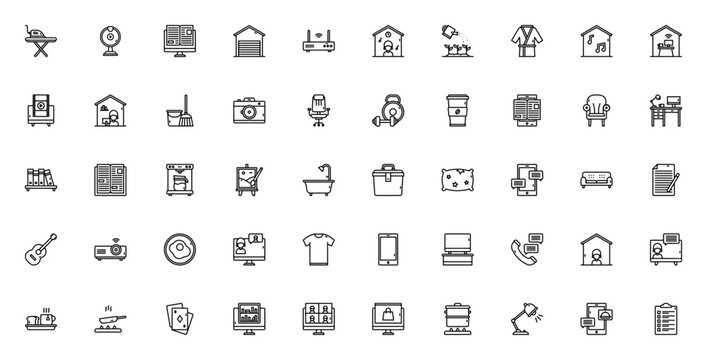 Stay at home icon set. Home activities vector icon set. Minimalist icons pack. Includes icons for ironing, gardening, cooking, video call, online learning and more. Editable vector stroke.