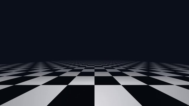 A futuristic curved checkerboard pattern stretches out in a dark room