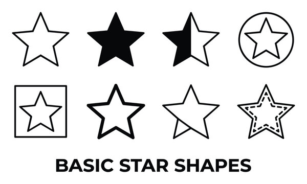 Basic star shapes collection graphic elements vector set simple icons solid filled outline variations surrounding frames.