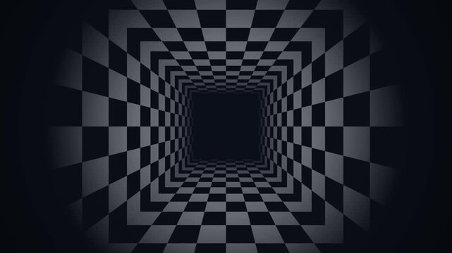 A dark tunnel with a gray and black checkered pattern converges to a vanishing point.