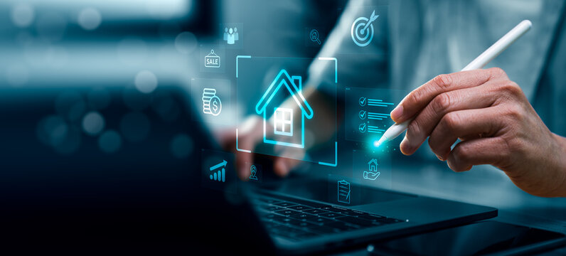Digital real estate management concept with business professional using laptop and stylus showing virtual home interface property checklist sales growth finance and investment planning