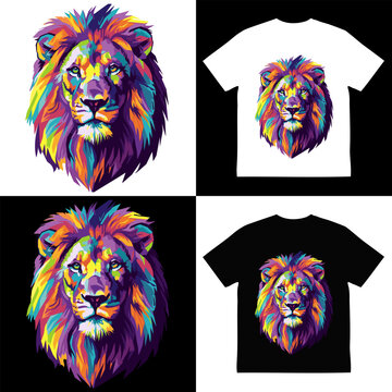 Lion Head Portrait in Colorful WPAP Pop Art Vector Style for Creative T-Shirt Graphic and Apparel Print
