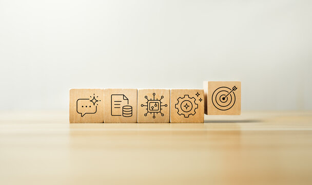 AI workflow process concept with wooden blocks showing chatbot document database artificial intelligence chip automation gear and target icon for smart business productivity