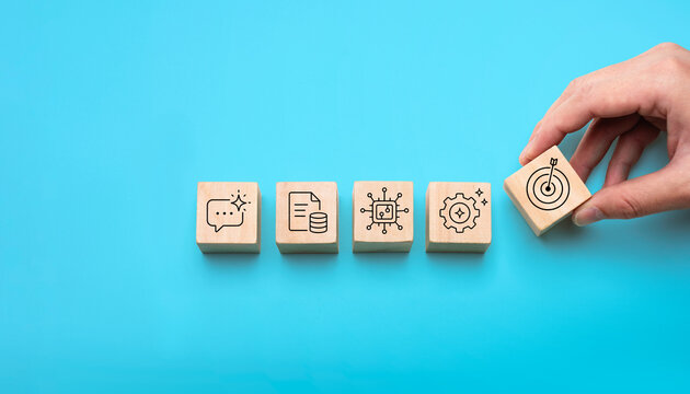AI workflow process concept with wooden blocks showing chatbot document database artificial intelligence chip automation gear and target icon for smart business productivity