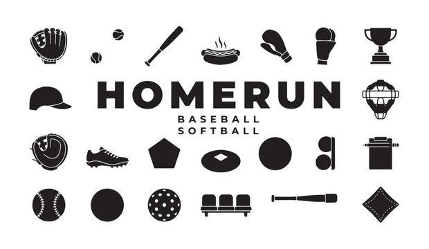 Baseball and softball icon set with gloves bats balls hot dog and championship trophy cup.