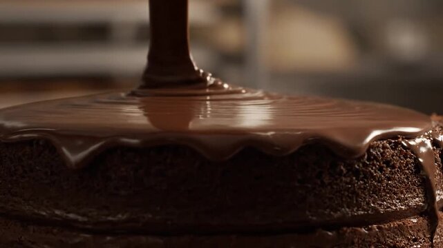 Delicious Chocolate Cake Being Glazed with Rich Chocolate Sauce.