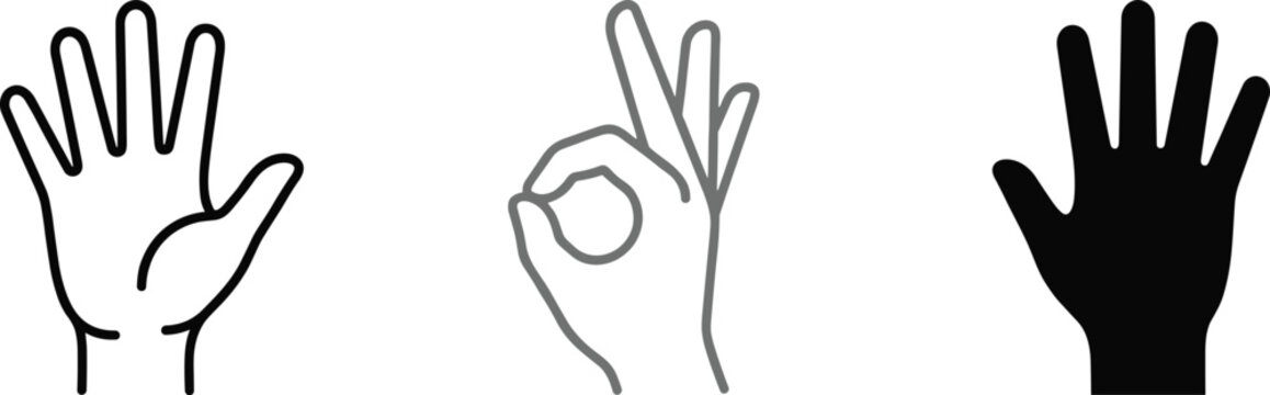 Modern monoline hand gesture vector icon set with open palm and ok sign symbols