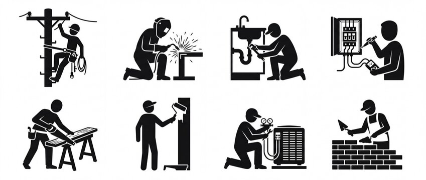 Collection of stick figure icons depicting various skilled trades and manual labor professions ideal for illustrating employment and service industries