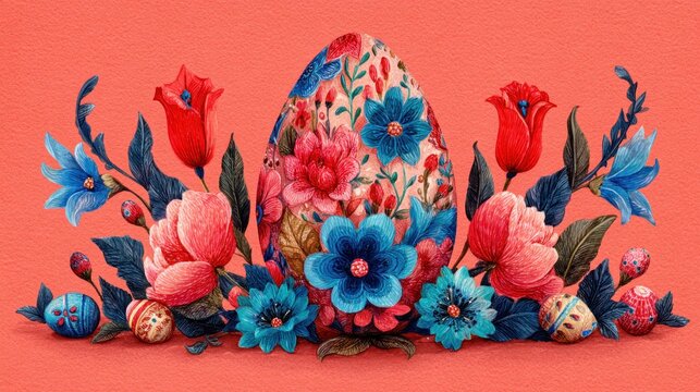 Ornate, heavily decorated egg centerpiece surrounded by vibrant flowers and patterned small ovoid objects
