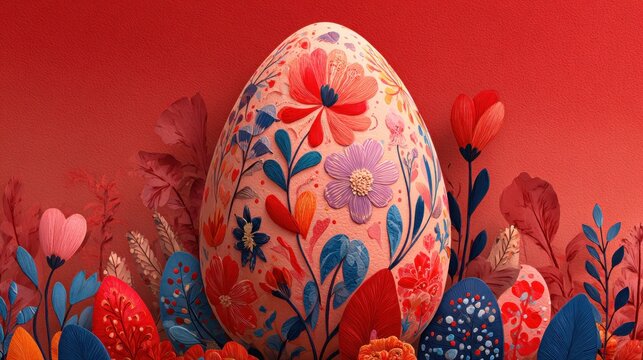 Elaborately decorated ovum sits amidst stylized botanical elements against a rich red backdrop