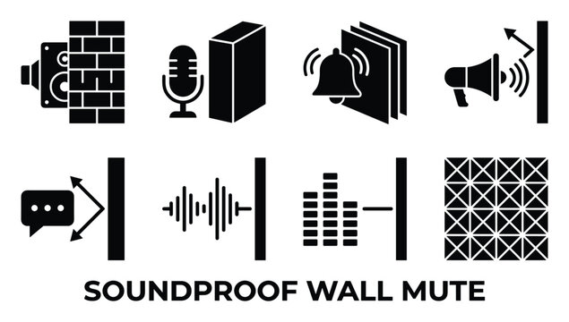Soundproof wall mute solid black icons showing sound isolation and noise reduction technology concepts.