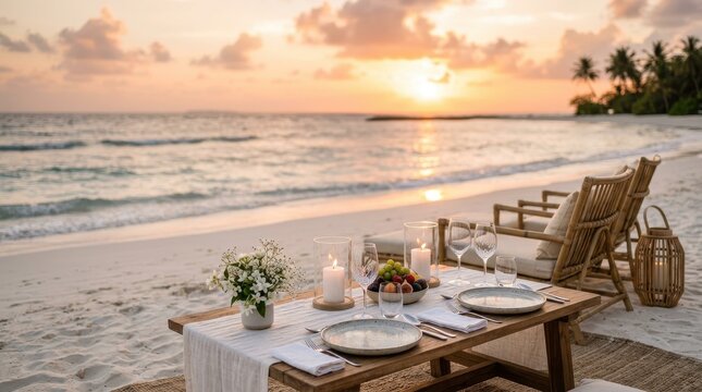 Beach dinner table setting with candles and fruit at sunset