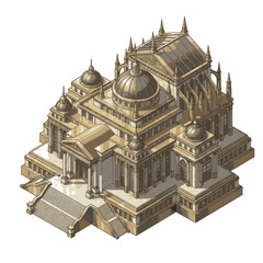 Elaborate golden building with multiple domes and spires, resembling a grand palace or temple. © bi