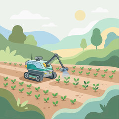 Fototapeta premium Agricultural robot spraying young plants in a field with rolling hills and sun in the background
