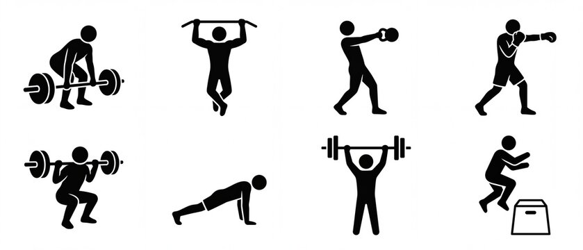 Set of fitness and workout exercise icons featuring various gym activities in a minimalist flat design ideal for health apps and training programs
