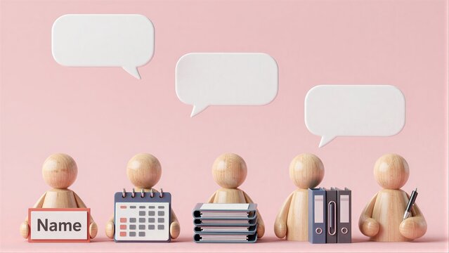 Five wooden figures hold office items, each with a speech bubble above.