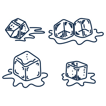 Set of hand drawn doodle melting ice cubes and water puddle icons