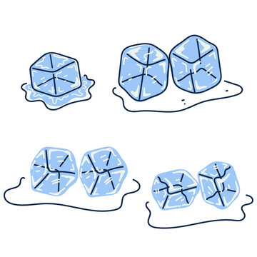 Set of hand drawn doodle melting ice cubes and water puddle icons