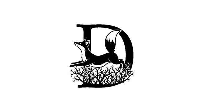 Fox resting inside stylized letter D illustration.