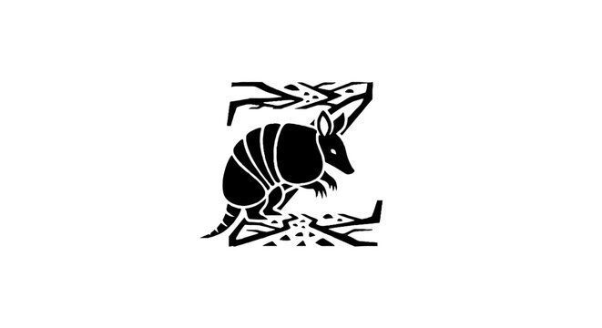 Black and white illustration of an aardvark on branches.
