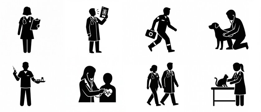 Collection of medical and veterinary staff icons depicting doctors nurses paramedics and vets in various healthcare roles isolated on white