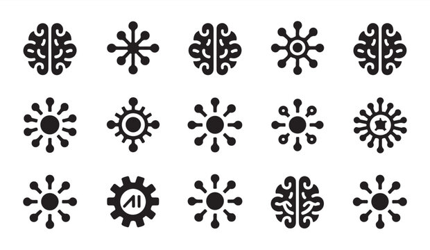 Neural network and brain intelligence glyph icon collection for machine learning systems.