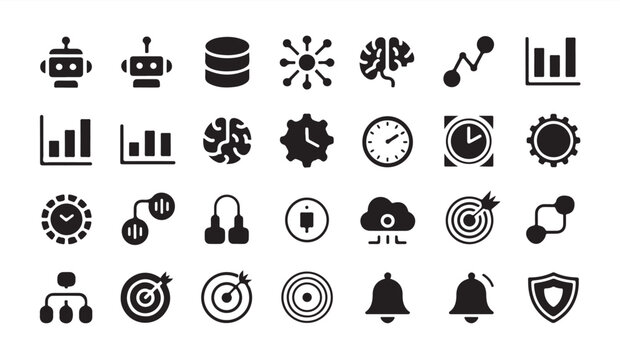 Robotics and data analysis digital icon set featuring ai brain and business statistics.