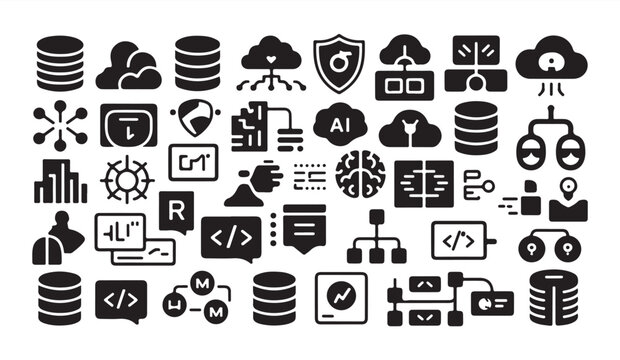 Modern cloud computing and database software infrastructure glyph icon pack for developers.