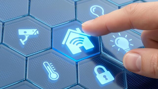 Smart home technology with iot automation enables remote control of energy and security systems through touchscreen finger access for secure home management and advanced remote control technology