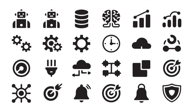 Business analytics and workflow automation icons with robots charts and target symbols.