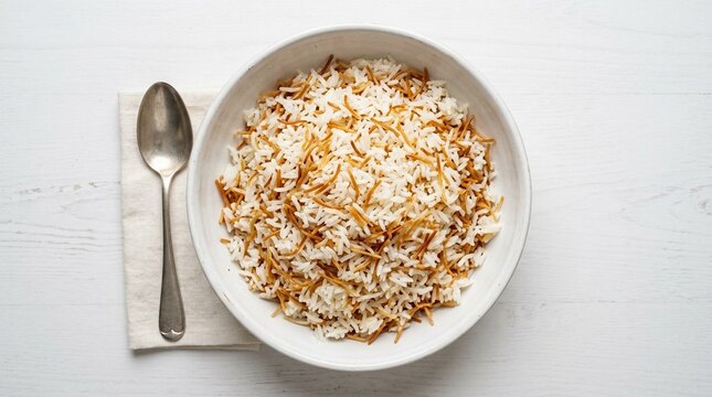Egyptian Vermicelli Rice Ruz bil Shaghria in White Bowl &ndash; Golden Toasted Noodles with Fluffy Rice Side Dish